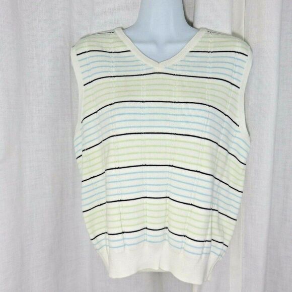 Izod Golf M White Blue Green Striped Sweater Vest - Picture 2 of 4